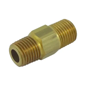 SHORT YELLOW BRASS HEX NIPPLE 1/4″ /// LHT SHORT /// Fitting For Connecting 2 CO2 Regulator bodies together 1/4″MPT x 1/4″MPT( LEFT HAND THREADS) 03C07245